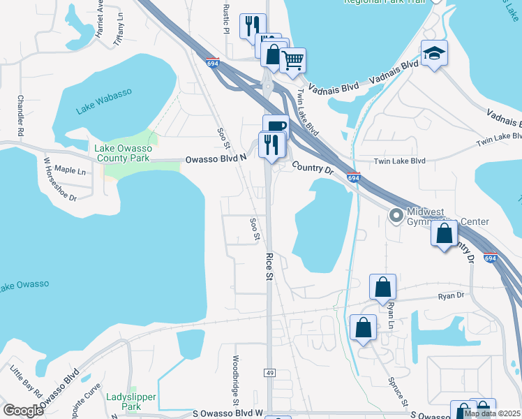 map of restaurants, bars, coffee shops, grocery stores, and more near 3269 Rice Street in Shoreview
