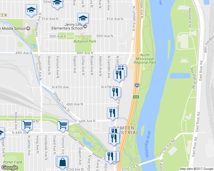 map of restaurants, bars, coffee shops, grocery stores, and more near 4701 Camden Avenue North in Minneapolis