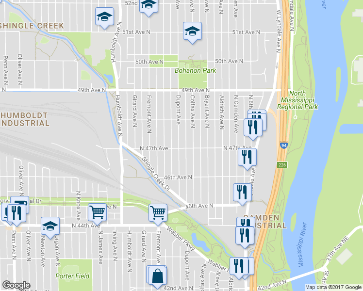 map of restaurants, bars, coffee shops, grocery stores, and more near 1020 North 47th Avenue in Minneapolis