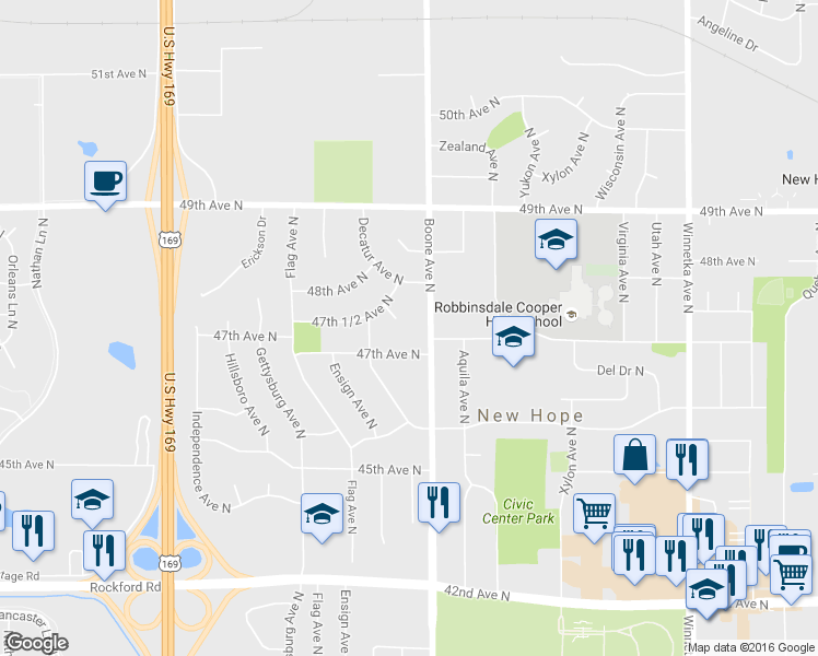 map of restaurants, bars, coffee shops, grocery stores, and more near 4742 Decatur Place North in Minneapolis