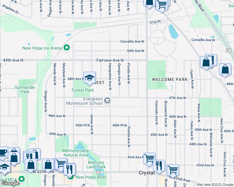 map of restaurants, bars, coffee shops, grocery stores, and more near 4709 Georgia Avenue North in Minneapolis