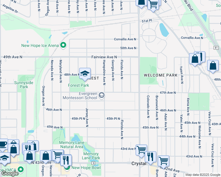 map of restaurants, bars, coffee shops, grocery stores, and more near 4709 Georgia Avenue North in Minneapolis