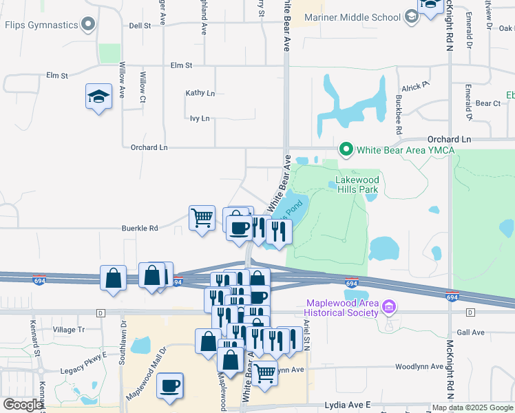 map of restaurants, bars, coffee shops, grocery stores, and more near 1849 Belland Avenue in White Bear Lake