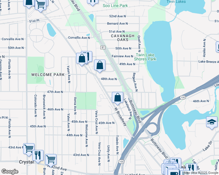 map of restaurants, bars, coffee shops, grocery stores, and more near 5317 Byron Avenue North in Minneapolis