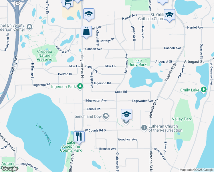 map of restaurants, bars, coffee shops, grocery stores, and more near 1028 Ingerson Road in Shoreview