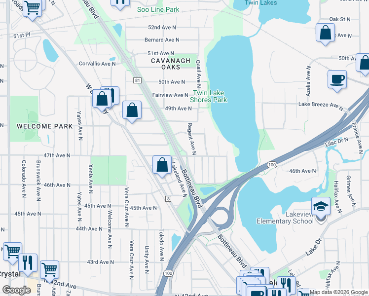 map of restaurants, bars, coffee shops, grocery stores, and more near 4710 Lakeland Avenue North in Minneapolis