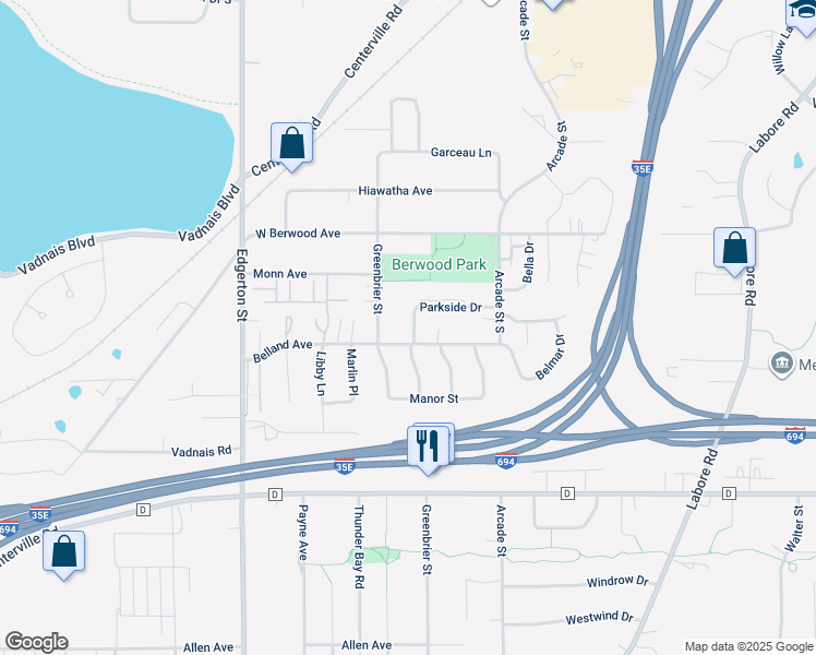 map of restaurants, bars, coffee shops, grocery stores, and more near 691 Parkside Drive in Vadnais Heights