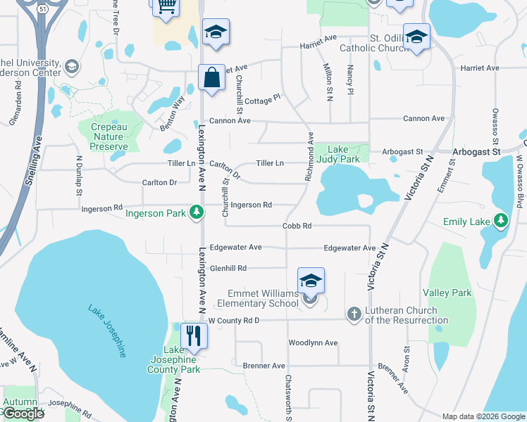 map of restaurants, bars, coffee shops, grocery stores, and more near 1028 Ingerson Road in Shoreview