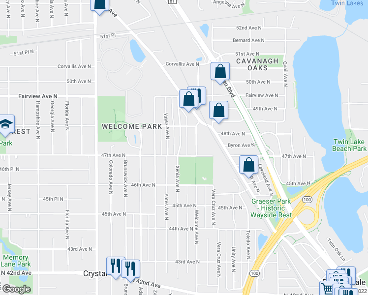 map of restaurants, bars, coffee shops, grocery stores, and more near 4712 Xenia Avenue North in Minneapolis