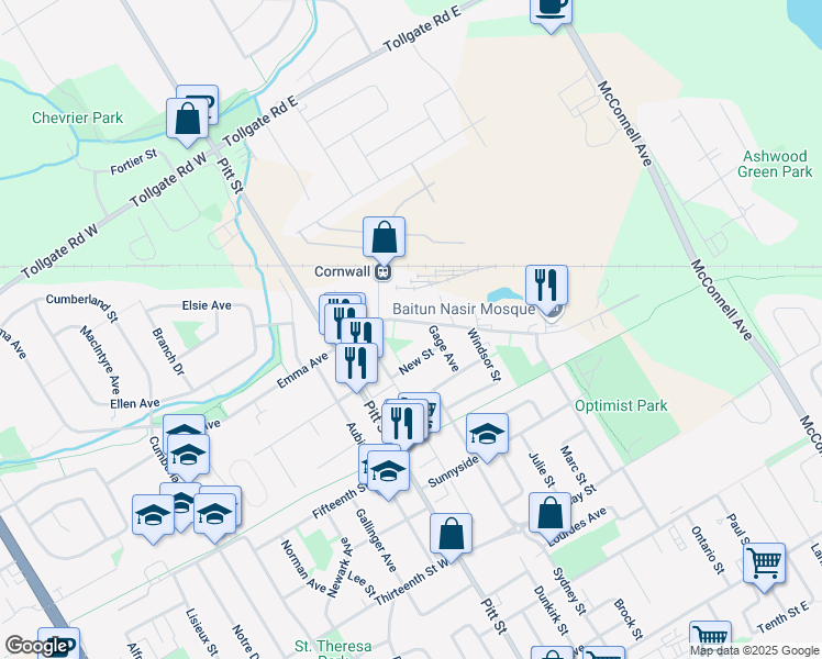 map of restaurants, bars, coffee shops, grocery stores, and more near 124 Balmoral Avenue in Cornwall