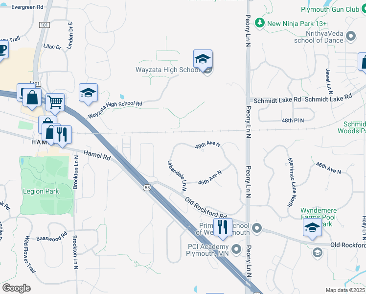 map of restaurants, bars, coffee shops, grocery stores, and more near 18345 48th Avenue North in Minneapolis
