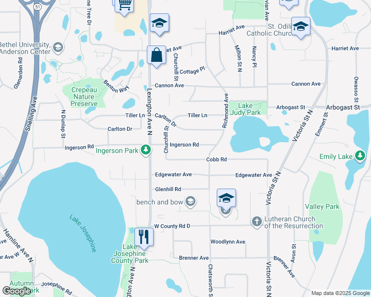 map of restaurants, bars, coffee shops, grocery stores, and more near 1028 Ingerson Road in Shoreview