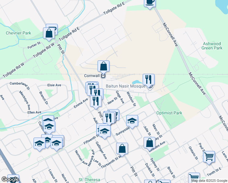 map of restaurants, bars, coffee shops, grocery stores, and more near 132 Balmoral Avenue in Cornwall