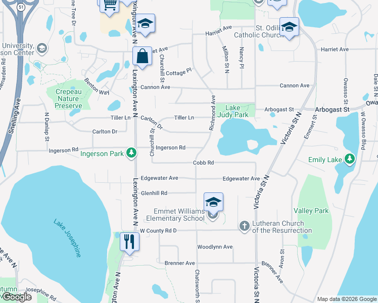 map of restaurants, bars, coffee shops, grocery stores, and more near 992 Ingerson Road in Shoreview