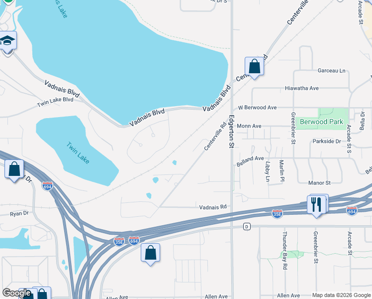 map of restaurants, bars, coffee shops, grocery stores, and more near 3277 Costa Drive in Vadnais Heights