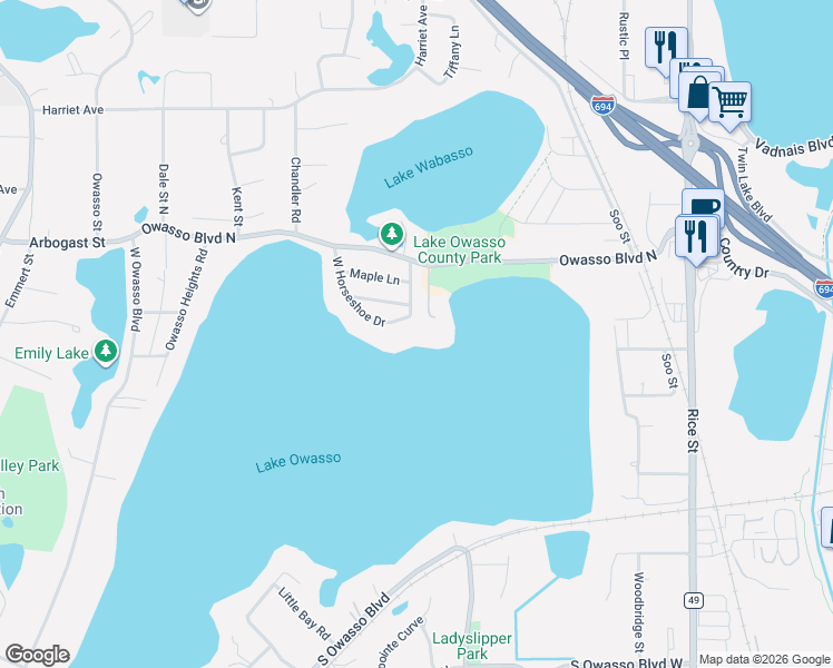map of restaurants, bars, coffee shops, grocery stores, and more near 406 East Horseshoe Drive in Shoreview