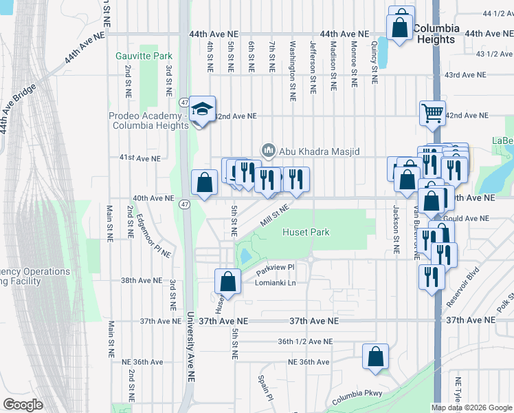map of restaurants, bars, coffee shops, grocery stores, and more near 550 40th Avenue Northeast in Minneapolis