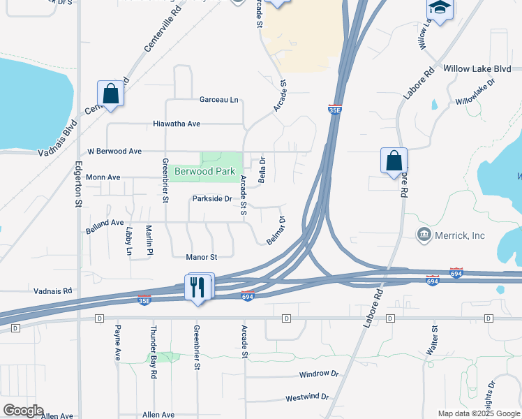map of restaurants, bars, coffee shops, grocery stores, and more near 822 Woodgate Drive in Saint Paul