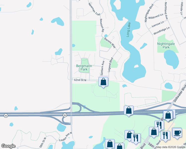 map of restaurants, bars, coffee shops, grocery stores, and more near 1206 Timber Way in Stillwater