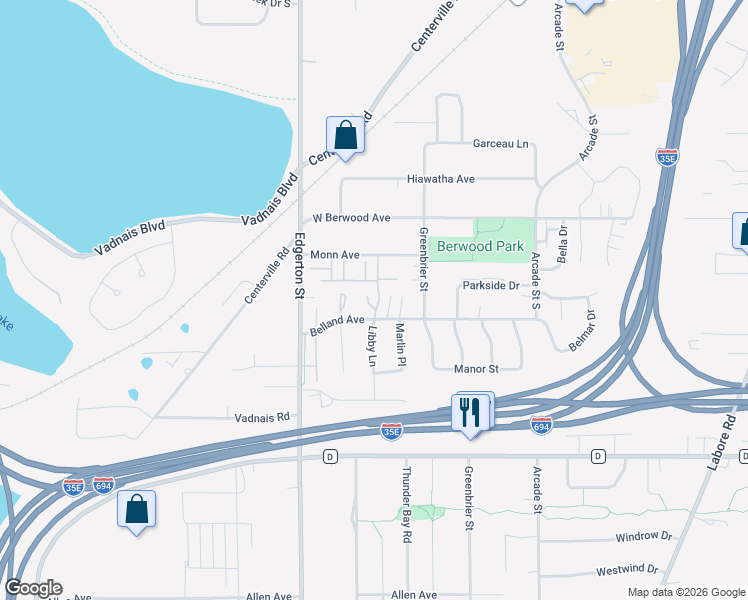 map of restaurants, bars, coffee shops, grocery stores, and more near 655 Belland Avenue in Vadnais Heights