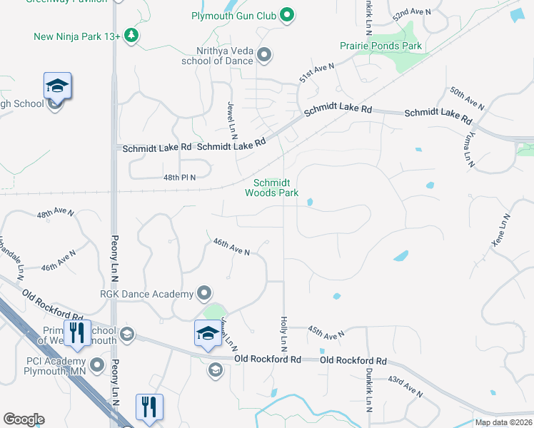 map of restaurants, bars, coffee shops, grocery stores, and more near 17185 47th Avenue North in Plymouth
