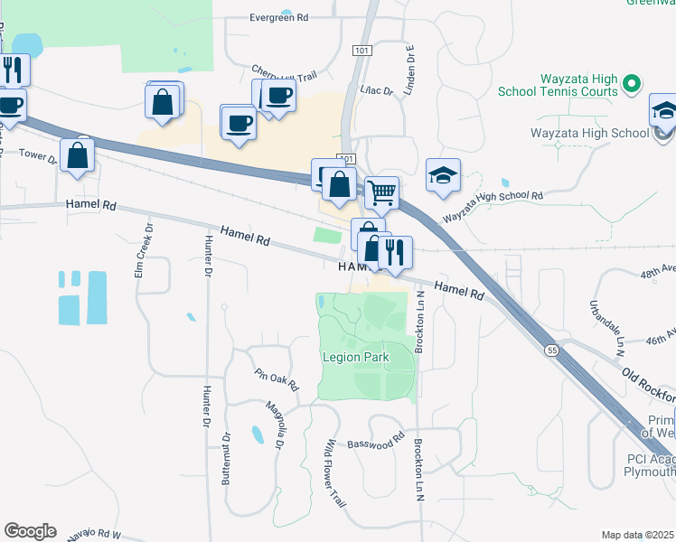 map of restaurants, bars, coffee shops, grocery stores, and more near 185 Hamel Road in Medina