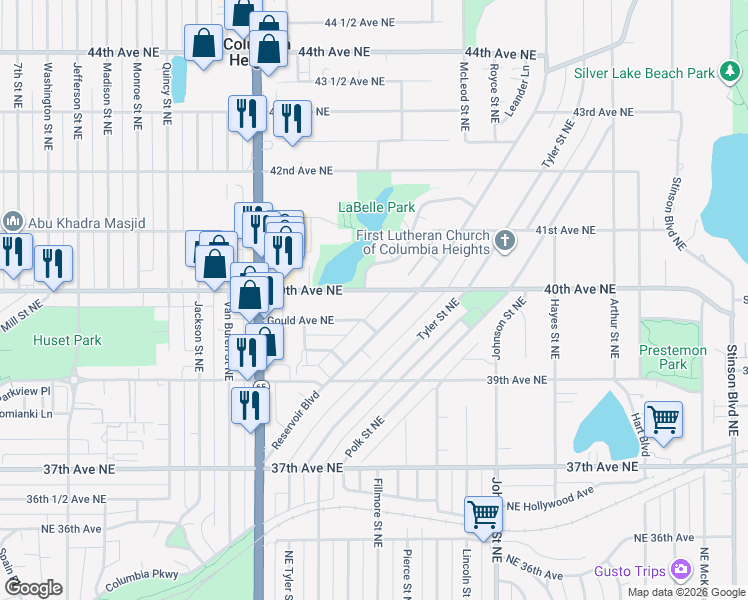 map of restaurants, bars, coffee shops, grocery stores, and more near 1117 Gould Avenue Northeast in Minneapolis