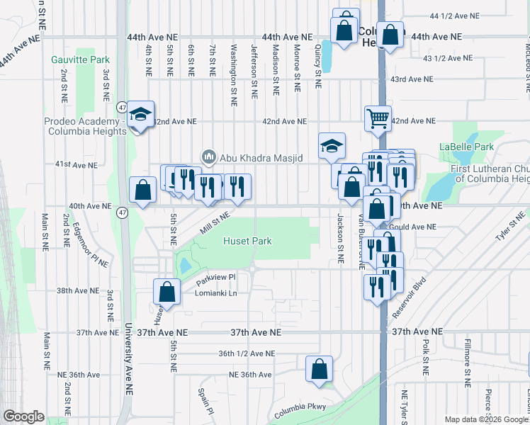 map of restaurants, bars, coffee shops, grocery stores, and more near 626 40th Avenue Northeast in Minneapolis