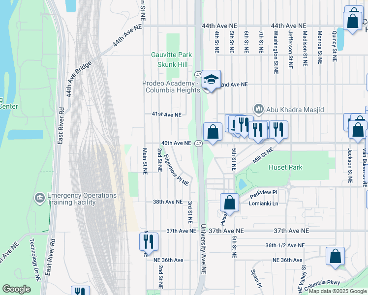 map of restaurants, bars, coffee shops, grocery stores, and more near 228 40th Avenue Northeast in Minneapolis