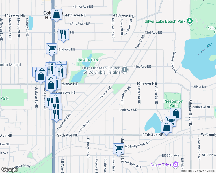 map of restaurants, bars, coffee shops, grocery stores, and more near 3964 Tyler Street Northeast in Minneapolis