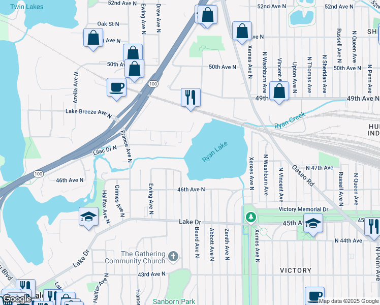 map of restaurants, bars, coffee shops, grocery stores, and more near 4632 Chowen Avenue North in Minneapolis