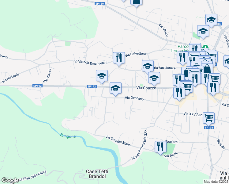 map of restaurants, bars, coffee shops, grocery stores, and more near 147 Via Coazze in Giaveno