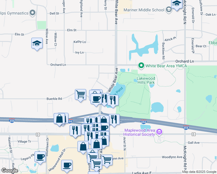 map of restaurants, bars, coffee shops, grocery stores, and more near 1849 Belland Avenue in White Bear Lake