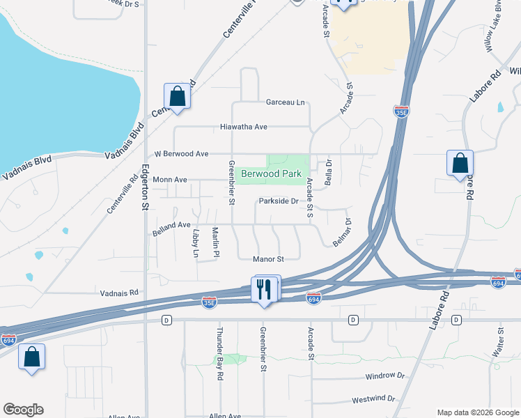 map of restaurants, bars, coffee shops, grocery stores, and more near 763 Belland Avenue in Vadnais Heights