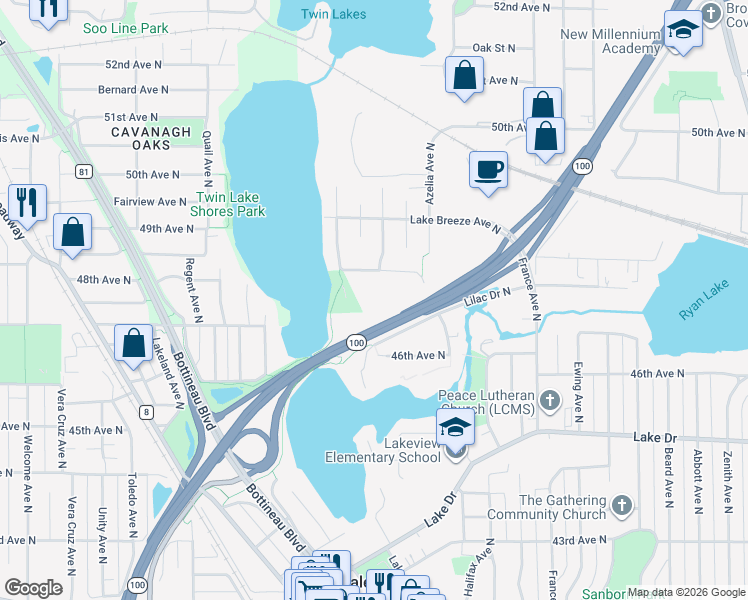 map of restaurants, bars, coffee shops, grocery stores, and more near 4201 Lakeside Avenue North in Minneapolis