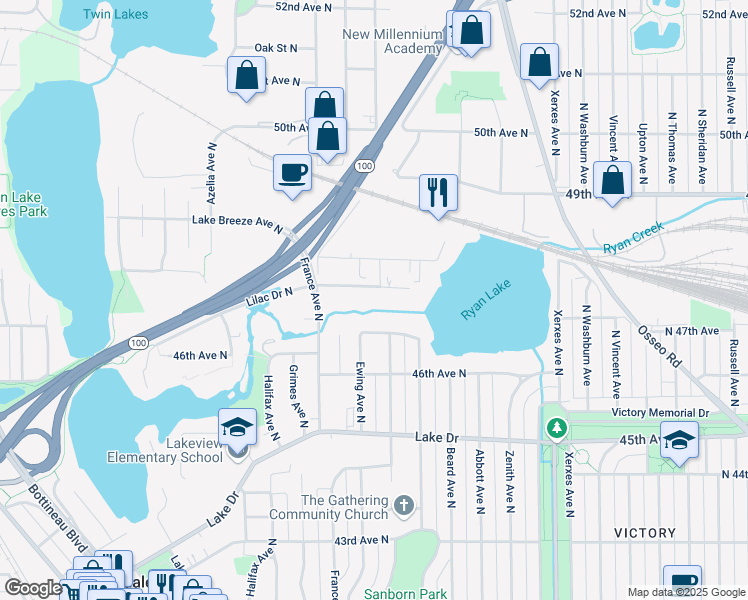 map of restaurants, bars, coffee shops, grocery stores, and more near 3601 47th Avenue North in Minneapolis