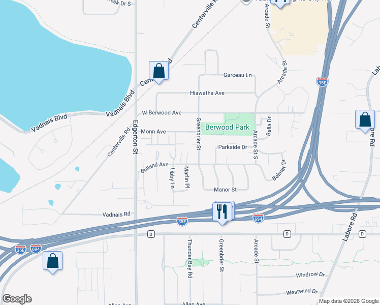 map of restaurants, bars, coffee shops, grocery stores, and more near 693 Belland Avenue in Vadnais Heights