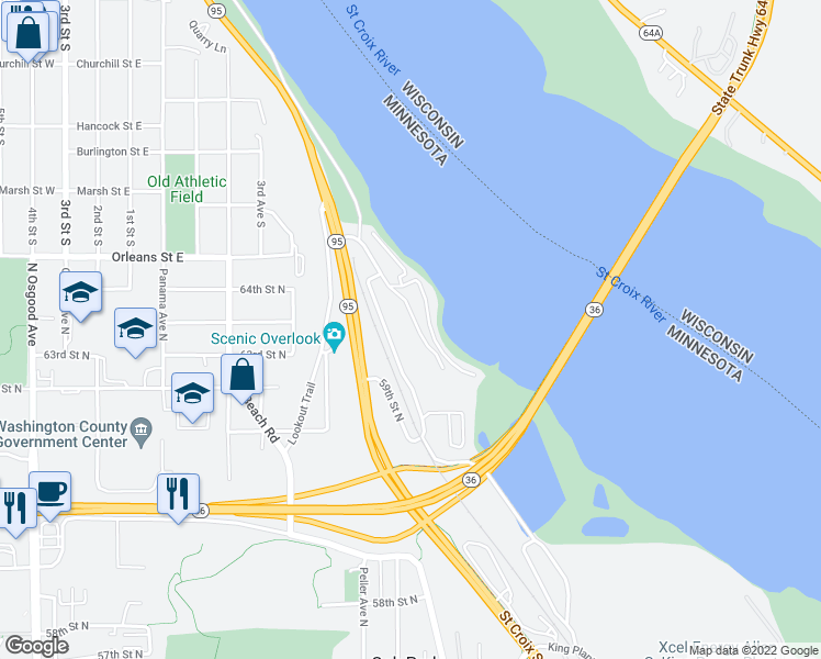 map of restaurants, bars, coffee shops, grocery stores, and more near 6329 Saint Croix Trail North in Stillwater