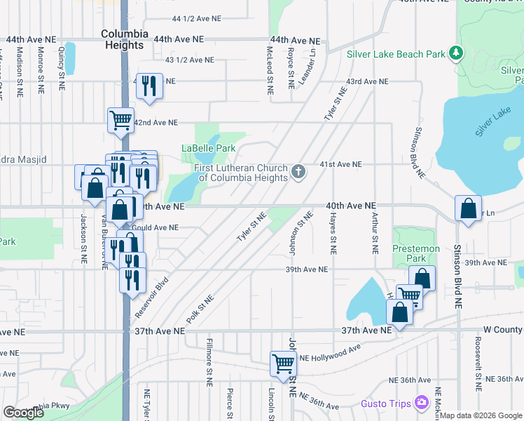 map of restaurants, bars, coffee shops, grocery stores, and more near 3977 Tyler Street Northeast in Minneapolis