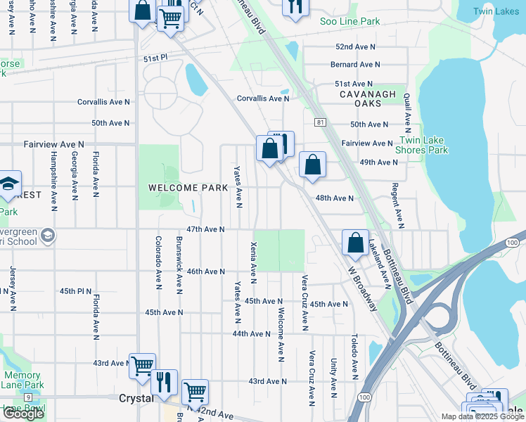 map of restaurants, bars, coffee shops, grocery stores, and more near 4712 Xenia Avenue North in Minneapolis