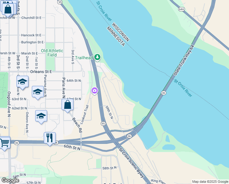 map of restaurants, bars, coffee shops, grocery stores, and more near 6329 Saint Croix Trail North in Stillwater