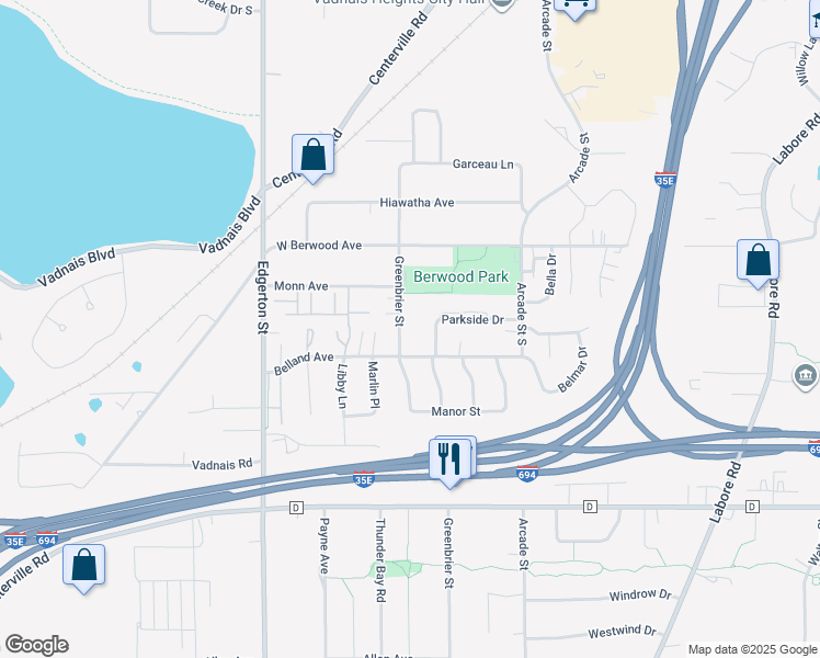 map of restaurants, bars, coffee shops, grocery stores, and more near 691 Parkside Drive in Vadnais Heights