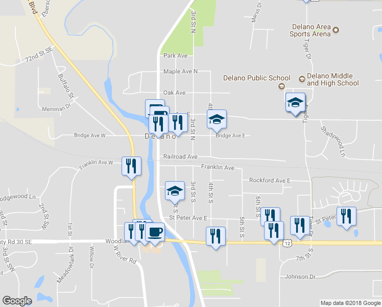 map of restaurants, bars, coffee shops, grocery stores, and more near 282 Railroad Avenue in Delano