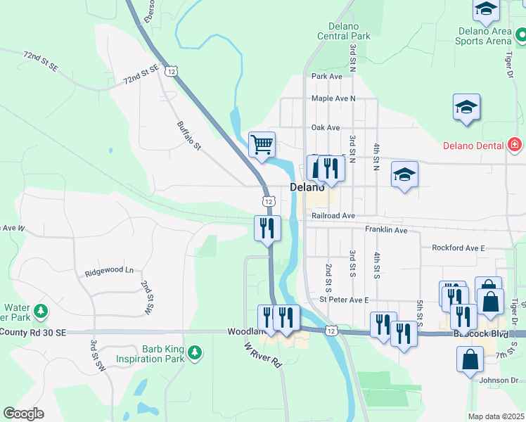 map of restaurants, bars, coffee shops, grocery stores, and more near 205 Babcock Boulevard in Delano
