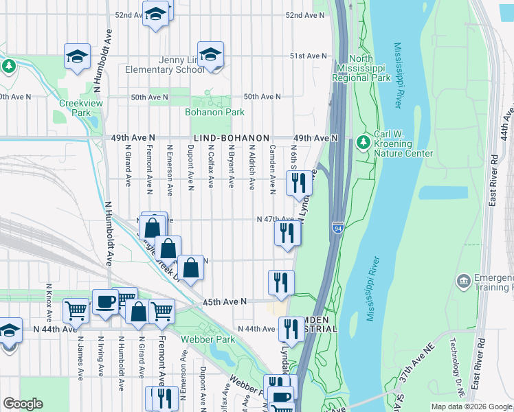 map of restaurants, bars, coffee shops, grocery stores, and more near 4701 Camden Avenue North in Minneapolis