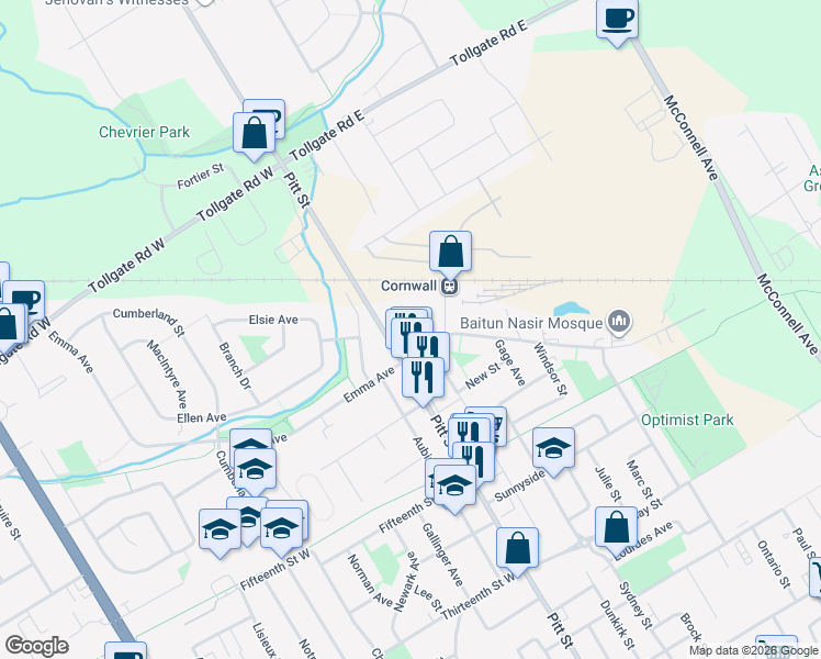 map of restaurants, bars, coffee shops, grocery stores, and more near 1640 Birmingham Street in Cornwall