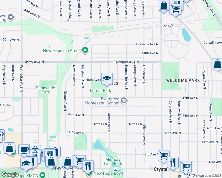 map of restaurants, bars, coffee shops, grocery stores, and more near 6800 47th Avenue North in Crystal