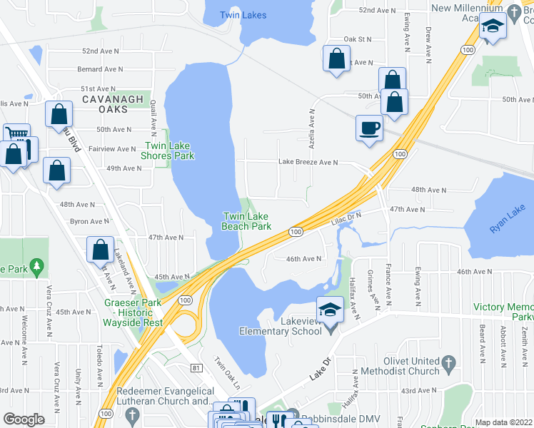 map of restaurants, bars, coffee shops, grocery stores, and more near 4651 Twin Lake Avenue in Brooklyn Center