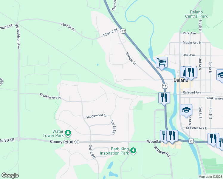 map of restaurants, bars, coffee shops, grocery stores, and more near 137 2nd Street Southwest in Delano