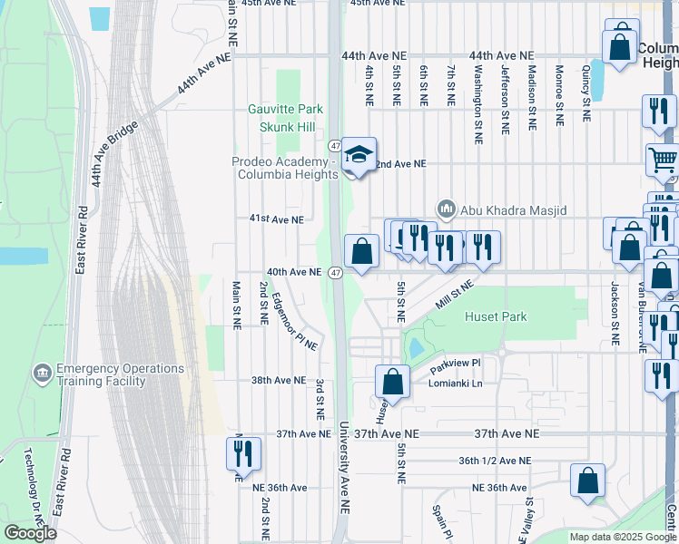 map of restaurants, bars, coffee shops, grocery stores, and more near University Ave NE & 40th Ave NE in Columbia Heights